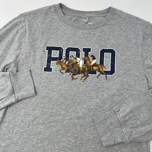 Polo Ralph Lauren Kids Triple-Pony Logo Cotton Long Sleeve Tee Large 14/16 Gray‎
